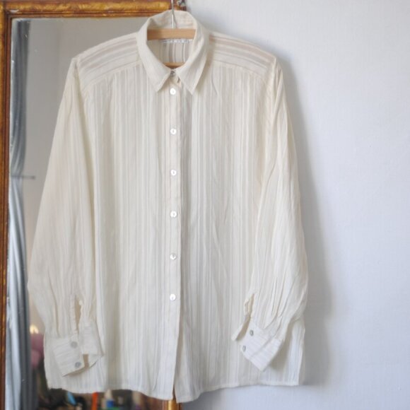 Vintage Silk Sheer Stripe Button Down Shirt _ Cream Silk Long Sleeve Women - Picture 3 of 9